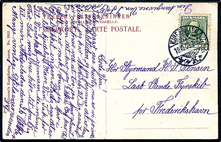 5 øre Fr. VIII på brevkort fra Kjøbenhavn d. 19.10.1908 til styrmand ombord på Læsø Rende Fyrskib pr. Frederikshavn.