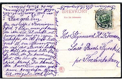 5 øre Fr. VIII på brevkort fra Kjøbenhavn d. 3.8.1908 til styrmand ombord på Læsø Rende Fyrskib pr. Frederikshavn.