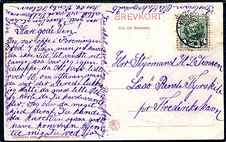 5 øre Fr. VIII på brevkort fra Kjøbenhavn d. 3.8.1908 til styrmand ombord på Læsø Rende Fyrskib pr. Frederikshavn.
