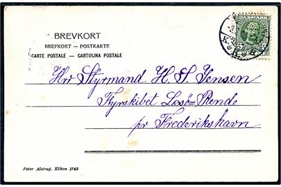 5 øre Fr. VIII på brevkort fra Kjøbenhavn d. 8.3.1908 til styrmand ombord på Læsø Rende Fyrskib pr. Frederikshavn.