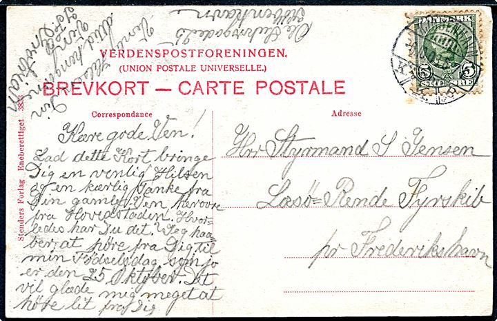 5 øre Fr. VIII på brevkort fra Kjøbenhavn d. 6.10.1908 til styrmand ombord på Læsø Rende Fyrskib pr. Frederikshavn. Transit stemplet i Frederikshavn d. 7.10.1908.