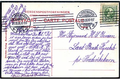 5 øre Chr. IX på brevkort fra Kjøbenhavn d. 21.11.1906 til styrmand ombord på Læsø Rende Fyrskib pr. Frederikshavn.