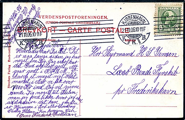 5 øre Chr. IX på brevkort fra Kjøbenhavn d. 21.11.1906 til styrmand ombord på Læsø Rende Fyrskib pr. Frederikshavn.
