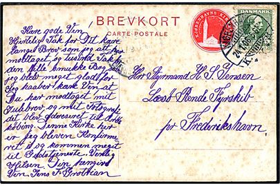5 øre Chr. IX og Kjøbenhavns Kirkesag mærkat på brevkort fra Kjøbenhavn d. 24.1.1906 til styrmand ombord på Læsø Rende Fyrskib pr. Frederikshavn.