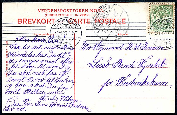 5 øre Våben på brevkort fra Kjøbenhavn d. 10.11.1905 til styrmand ombord på Læsø Rende Fyrskib pr. Frederikshavn. Ank.stemplet i Frederikshavn d. 11.11.1905.
