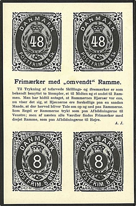 8 øre og 48 skilling tofarvet frimærker med omvendte ramme. A. Jacobsen u/no.