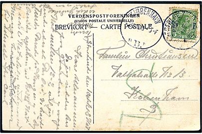 5 øre Soldaterfrimærke på brevkort (Partier fra Storelinde) annulleret Herfølge d. 2.10.1918 til København. Mærket lidt nusset.
