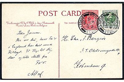 5 øre Fr. VIII og britisk 1d Edward VII på brevkort (Rodwell Station, Waymouth) annulleret med britisk stempel Portland Harbour S.O. Dorset d. 25.10.1908 til København, Danmark.