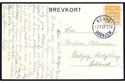 10 øre Bølgelinie med perfin LB (Landmandsbanken) på brevkort fra Gudhjem annulleret med bureaustempel Rønne - Gudhjem T.70 d. 7.7.1937 til Sakskøbing.