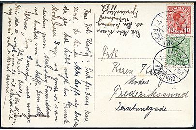 5 øre og 10 øre Chr. X på brevkort (Leimun, Apenrade) annulleret med bureastempel Aabenraa - Røde Kro T. 1387 d. 2.9.1920 til Frederikssund.