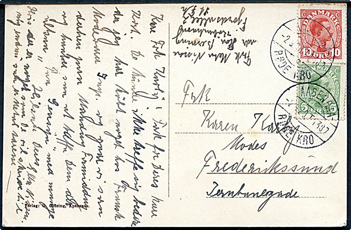 5 øre og 10 øre Chr. X på brevkort (Leimun, Apenrade) annulleret med bureastempel Aabenraa - Røde Kro T. 1387 d. 2.9.1920 til Frederikssund.