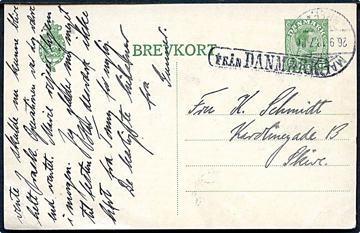 5 øre Chr. X helsagsbrevkort fra København annulleret med svensk stempel i Malmö d. 26.9.1918 og sidestemplet Från Danmark til Skive, Danmark.