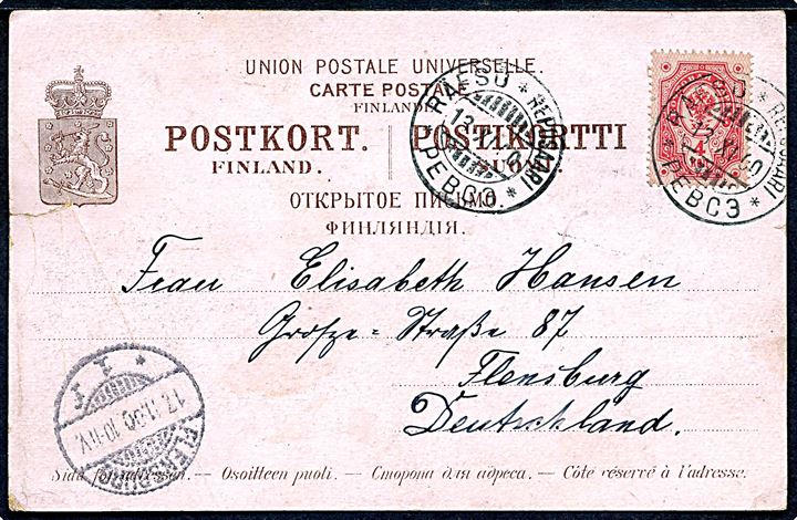 Russisk 4 kop. Våben med ringe på brevkort (Strandparti vid Punkaharju) annulleret med 3-sproget stempel i Räfsö d. 13.11.1900 til Flensburg, Tyskland.