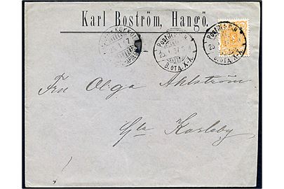 20 pen. Våben på brev fra Hangö annulleret med 2-sproget bureaustempel Postilj. k. H-H (= Hangö-Helsingfors) d. 25.1.1897 til Gla. Karleby. 