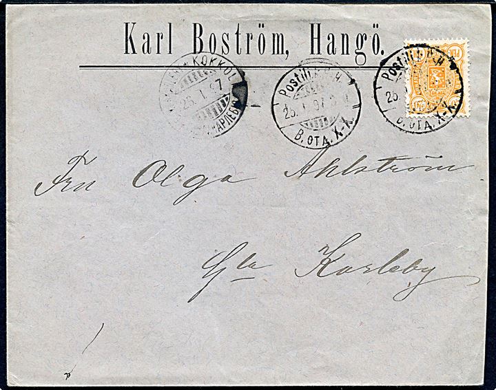 20 pen. Våben på brev fra Hangö annulleret med 2-sproget bureaustempel Postilj. k. H-H (= Hangö-Helsingfors) d. 25.1.1897 til Gla. Karleby. 