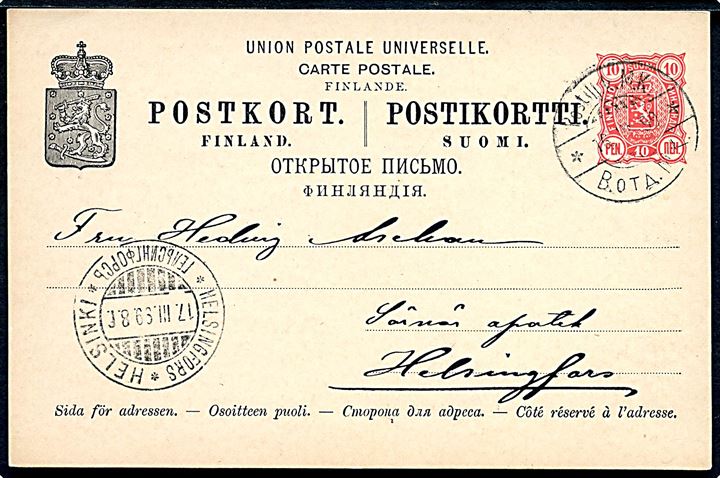10 pen. helsagsbrevkort annulleret med 2-sproget bureaustempel Postilj. k. M.K. (= Mikkeli-Kouvola) d. 16.3.1899 til Helsingfors.
