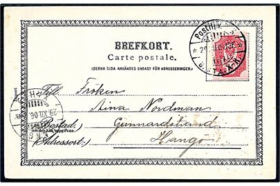 10 pen. Våben på brevkort annulleret med 2-sproget bureaustempel Postilj. v. H-K (= Hangö-Karios) d. 29.12.1906 til Hangö.