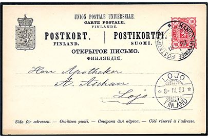 10 pen. helsagsbrevkort fra Hangö annulleret med bureaustempel Hangö - Hyvinge Postkupén d. 8.4.1893 til Lojo.