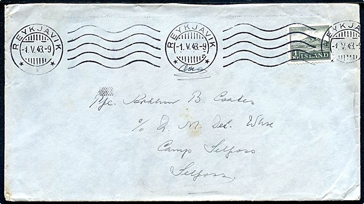 1 kr. Hekla (kort hj.tak) på brev fra Reykjavik d. 1.5.1943 til britisk soldat Pfc. Arthur B. Coates c/o Q.M.Det.Whse (= Quartermaster Detachment Warehouse), Camp Selfoss, Selfoss.