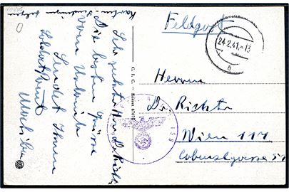 Ufrankeret tysk feltpostkort (DFDS Englanddamper i Esbjerg) med stumt stempel d. 24.2.1941 til Wien. Svagt briefstempel - muligvis Nachs. Ers. Abt. 158. Usædvanlig brug af dansk postkort.