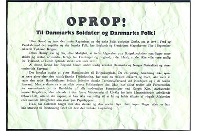 OPROP! Til Danmarks Soldater og Danmarks Folk!. Flyveblad fra den tyske kommandør Kaupisch nedkastet over Danmark i forbindelse med den tyske besættelse d. 9.4.1940. Krøllet.