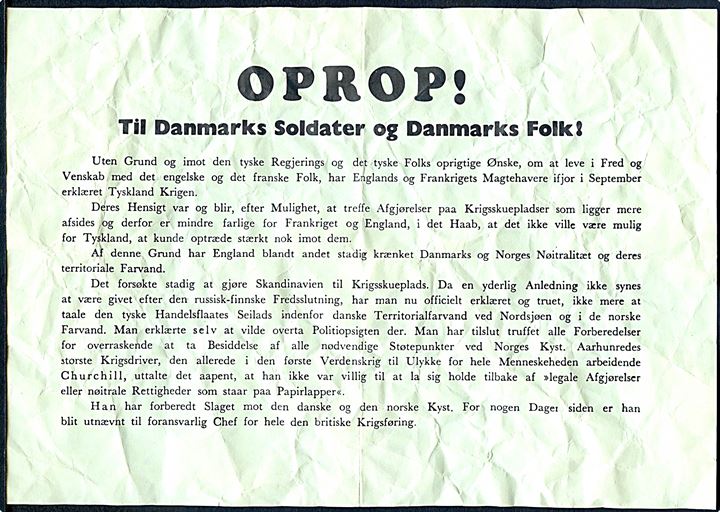 OPROP! Til Danmarks Soldater og Danmarks Folk!. Flyveblad fra den tyske kommandør Kaupisch nedkastet over Danmark i forbindelse med den tyske besættelse d. 9.4.1940. Krøllet.
