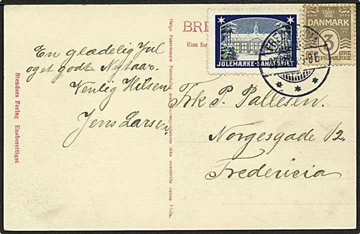 3 øre Bølgelinie og Julemærke 1908 på lokalt brevkort i Fredericia d. 22.12.1908.
