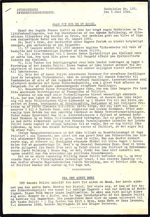 Studenternes Efterretningstjeneste. Meddelelse nr. 122 d. 5.6.1944. 5 sider.