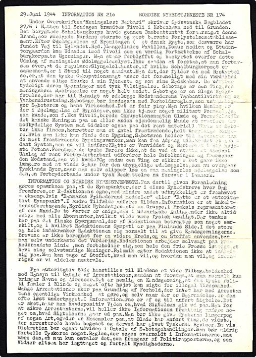 Nordisk Nyhedstjeneste nr. 174. Information no. 210 d. 29.6.1944. Illegalt blad på 4 sider.