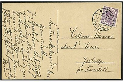 15 øre Chr. X på brevkort annulleret med brotype IIb Fynshav d. 12.6.1921 til Jestrup pr. Tanslet.