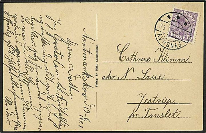 15 øre Chr. X på brevkort annulleret med brotype IIb Fynshav d. 12.6.1921 til Jestrup pr. Tanslet.