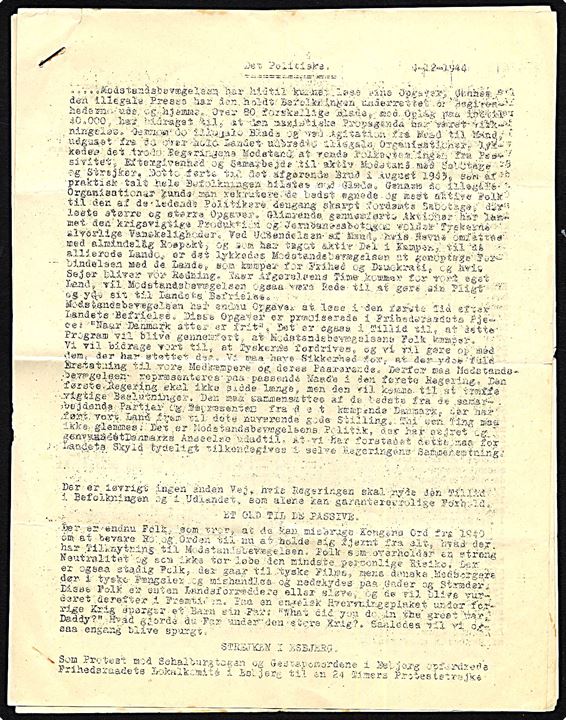 Det Politiske d. 1.12.1944. Illegalt blad på 7 sider udgivet af Ringen.