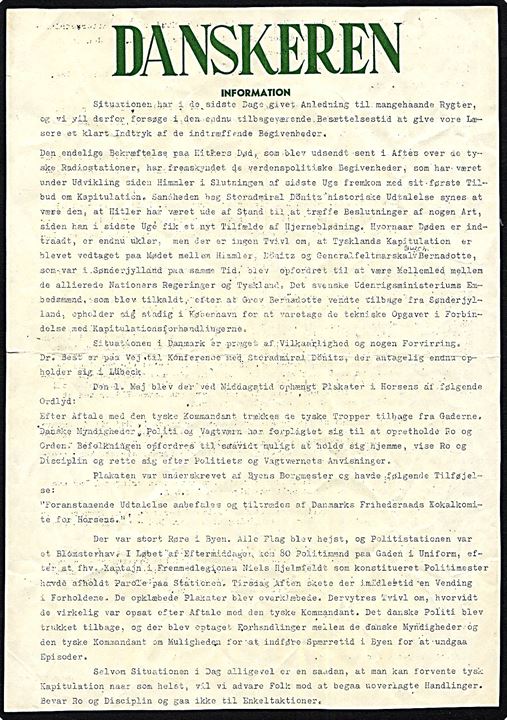 Danskeren Information illegalt blad fra 1.5.1945. Sjælden udg. ikke omtalt i det  kgl. biblioteks registrant over illegale blade.