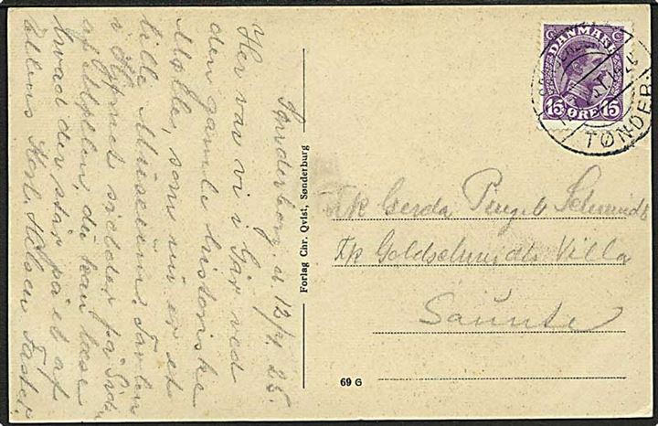 15 øre Chr. X på brevkort fra Sønderborg annulleret med bureaustempel Sønderborg - Tønder ** d. 12.7.1925 T.1420 til Saunte.