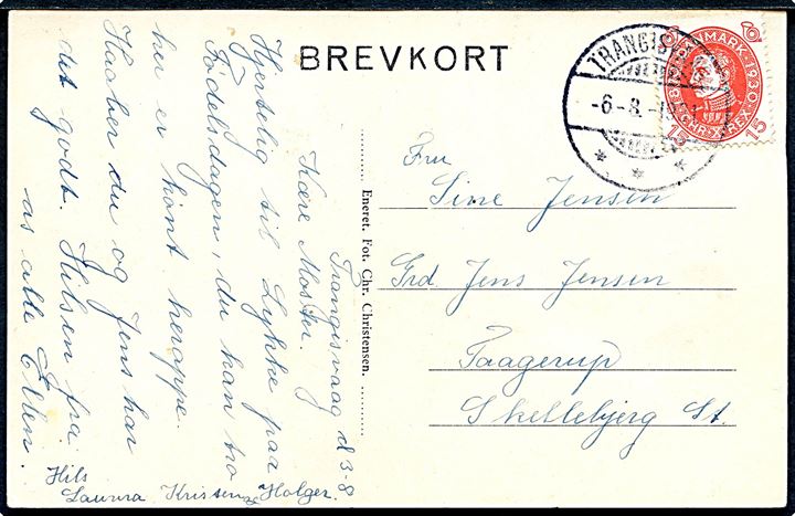 15 øre Chr. X 60 år på brevkort (Gadeparti fra Trangisvaag) annulleret med brotype Ig Trangisvaag d. 6.8.1931 til Skellebjerg.