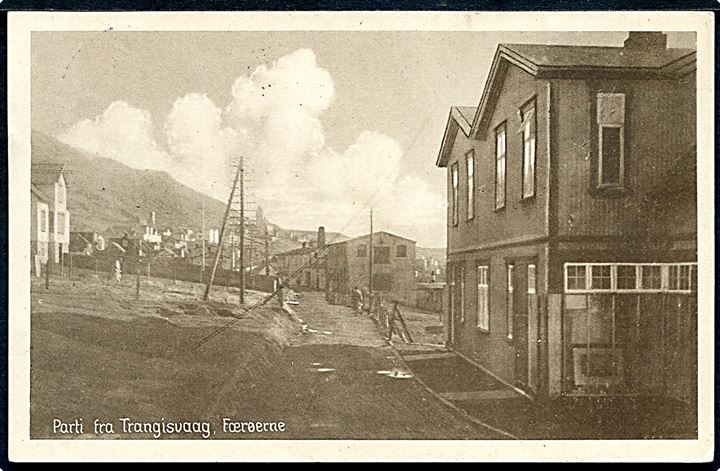 15 øre Chr. X 60 år på brevkort (Gadeparti fra Trangisvaag) annulleret med brotype Ig Trangisvaag d. 6.8.1931 til Skellebjerg.