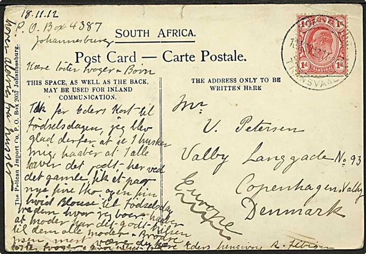 1d Edward VII på brevkort fra Fordsburg Transvaal d. 18.11.1912 til København, Danmark.