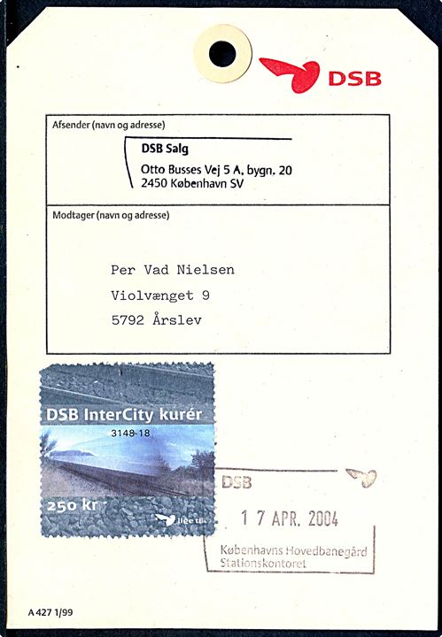 DSB Intercity Kurér 250 kr. mærke på manila-mærke for forsendelse fra Københavns Hovedbanegård d. 17.4.2004 til Årslev.
