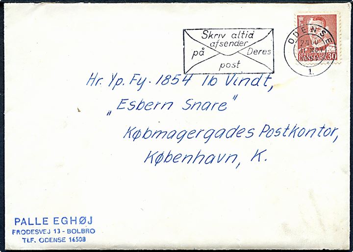 30 øre Fr. IX på brev fra Odense d. 11.11.1957 til sømand ombord på Fregatten Esben Snare via Købmagergades Postkontor, København K.