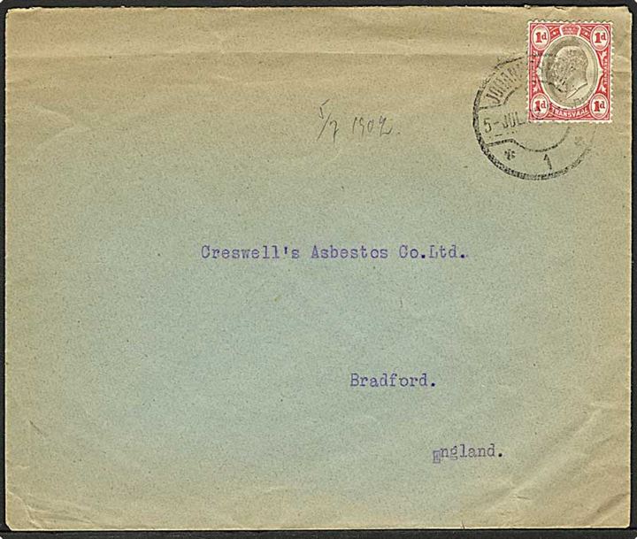 1d Edward VII på brev fra Johannesburg d. 2.7.1902 til Bradford, England.