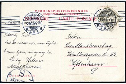 3 øre Bølgelinie på lokalt brevkort (Søfortet Tre Kroner og lille sejlbåd) dateret på Trekroner og annulleret Kjøbenhavn d. 2.6.1906.