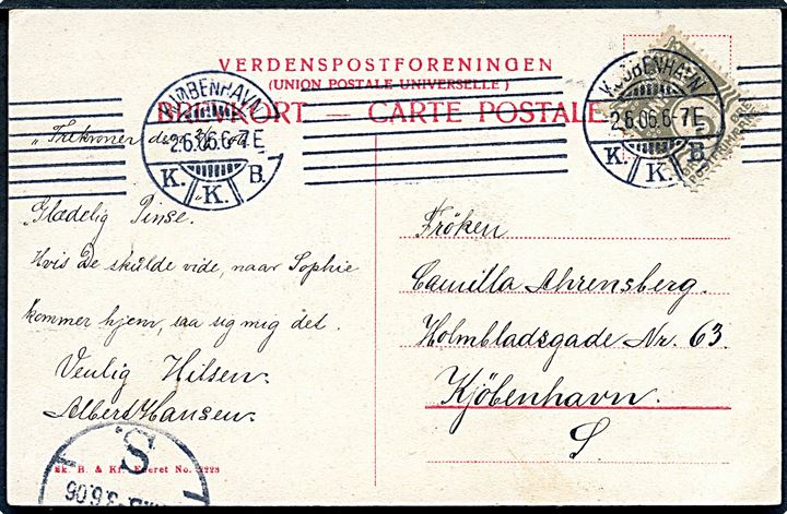 3 øre Bølgelinie på lokalt brevkort (Søfortet Tre Kroner og lille sejlbåd) dateret på Trekroner og annulleret Kjøbenhavn d. 2.6.1906.