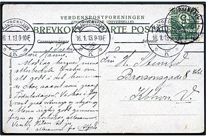 5 øre Bølgelinie på lokalt brevkort dateret Trekroner d. 15.1.1913 og stemplet Kjøbenhavn d. 16.1.1913.