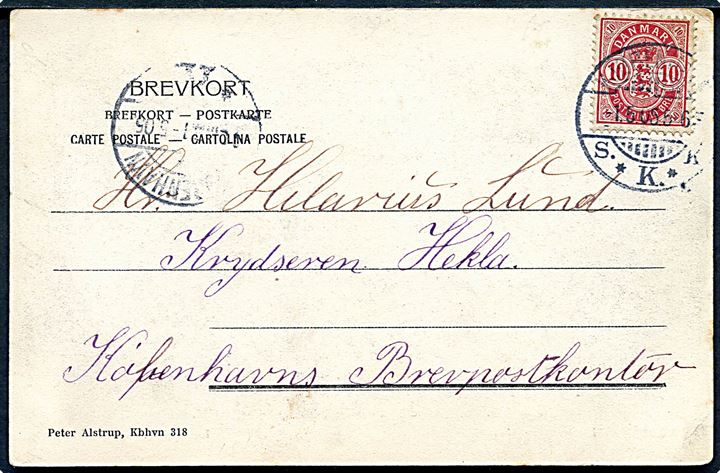 10 øre Våben på brevkort fra Kjøbenhavn d. 1.5.1905 til sømand ombord på krydseren Hekla via Brevpostkontoret i Kjøbenhavn. Kortet efter sendt til skibets station ved Island i lukket marinepostsæk.