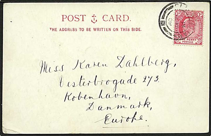 1d Edward VII på brevkort stemplet Clanwilliam d. 19.1.1909 til København, Danmark.