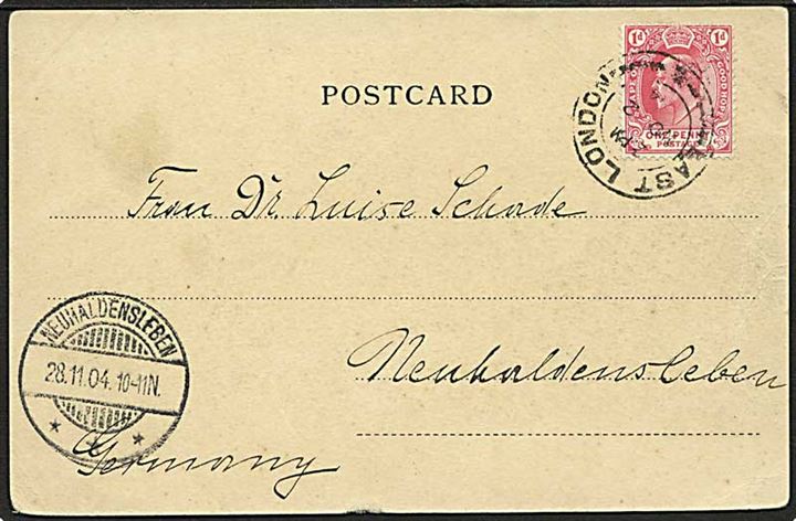 1d Edward VII på brevkort stemplet East London d. 2.11.1904 til Neuhaldensleben, Tyskland. Fold.