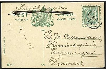 ½d Edward VII på brevkort sendt som tryksag fra Port Elizabeth d. 19.7.1909 til København, Danmark.