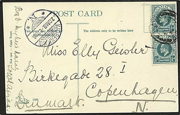 Natal. ½d Edward VII i parstykke på brevkort annulleret med svagt stempel i Vryheed Natal 1906 til København, Danmark. Ank.stemplet Kjøbenhavn d. 5.11.1906.