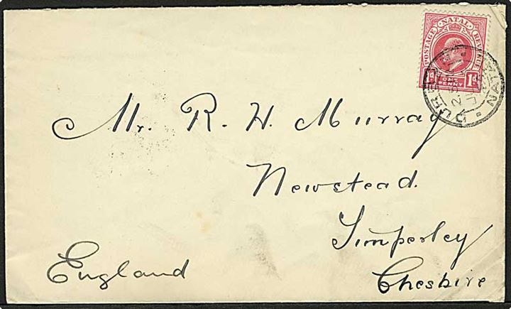 Natal. 1d Edward VII på brev fra Durban d. 4.6.1904 til England.