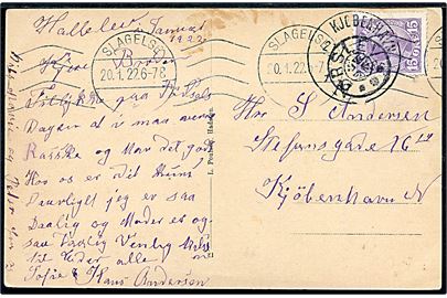 15 øre Chr. X på brevkort annulleret med stjernestempel ØRSLEV og sidestemplet Slagelse d. 20.1.1922 til København.